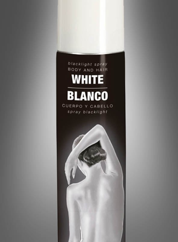 Eine Dose „Glitterspray Haar- und Körperspray“ in der Farbe „White Blanco“ mit dem Motiv einer Person, die mit dem Rücken zur Kamera steht und den Arm hebt – ideal, um jedem Look einen dezenten Glitzereffekt zu verleihen.