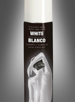 Eine Dose „Glitterspray Haar- und Körperspray“ in der Farbe „White Blanco“ mit dem Motiv einer Person, die mit dem Rücken zur Kamera steht und den Arm hebt – ideal, um jedem Look einen dezenten Glitzereffekt zu verleihen.