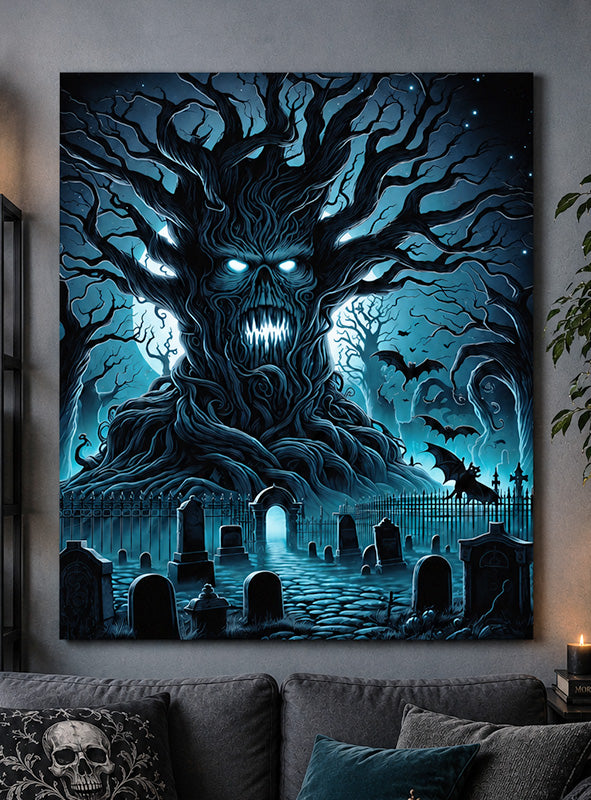 Ein dunkler, gespenstischer Baum mit einem bedrohlichen Gesicht steht nachts auf einem Friedhof, umgeben von Grabsteinen, einem Zaun und fliegenden Fledermäusen unter einem bewölkten, mondbeschienenen Himmel. Diese gruselige Szene ist anschaulich auf dem „Geisterbaum 250 x 190 cm bedruckten Stoffhintergrund, waschbar“ abgebildet – eine ideale UV-aktive Halloween-Dekoration, um eine unheimliche Atmosphäre für Ihre Feier zu schaffen.