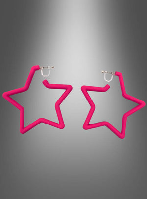 Stern Clip Ohrringe Neon: Ein Paar auffällige, pinkfarbene, sternförmige Creolen mit bequemen Clipverschlüssen, präsentiert vor einem grauen Hintergrund mit Farbverlauf – diese auffälligen Retro-Ohrringe verleihen jedem Outfit einen verspielten Akzent.