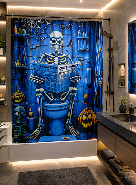 Verwandeln Sie Ihr Badezimmer mit dem „UV-Skelett im Badezimmer 185 x 220 cm – waschbarer Stoffdruck“ – einem auffälligen blauen Duschvorhang, auf dem ein Skelett auf der Toilette sitzt und eine Zeitung mit Todesanzeigen liest, umgeben von Kürbislaternen, Flaschen und Spinnweben. Perfekt als Halloween-UV-Badezimmerdekoration oder als auffällige Schwarzlicht-Wanddekoration für Ihr Spukhaus.