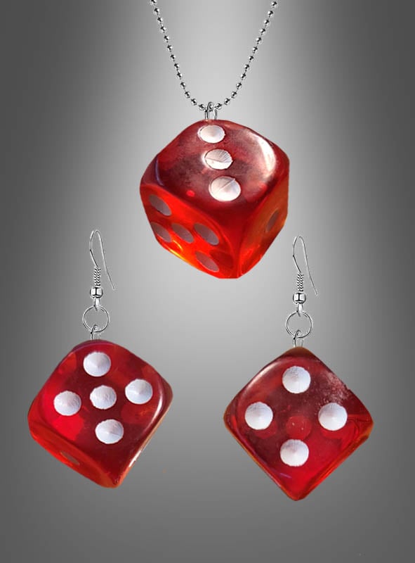 Casino-Schmuck: Würfelkette und Ohrringe: Rote Würfelkette und passende Ohrringe mit weißen Punkten, präsentiert vor einem grauen Hintergrund mit Farbverlauf. Dieses stilvolle Set ist ideal, um deinem Outfit eine verspielte Note zu verleihen oder dein Las-Vegas-Kostüm mit auffälligen Würfel-Ohrringen zu vervollständigen.
