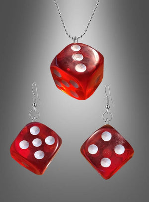 Casino-Schmuck: Würfelkette und Ohrringe: Rote Würfelkette und passende Ohrringe mit weißen Punkten, präsentiert vor einem grauen Hintergrund mit Farbverlauf. Dieses stilvolle Set ist ideal, um deinem Outfit eine verspielte Note zu verleihen oder dein Las-Vegas-Kostüm mit auffälligen Würfel-Ohrringen zu vervollständigen.