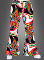 Eine Person trägt die Herren-Schlaghose „Neon Psychodelic“ mit einem farbenfrohen, neonfarbenen Psychedelic-Muster und Schlagbeine auf weißem Hintergrund; teilweise sind weiße Schuhe zu sehen.