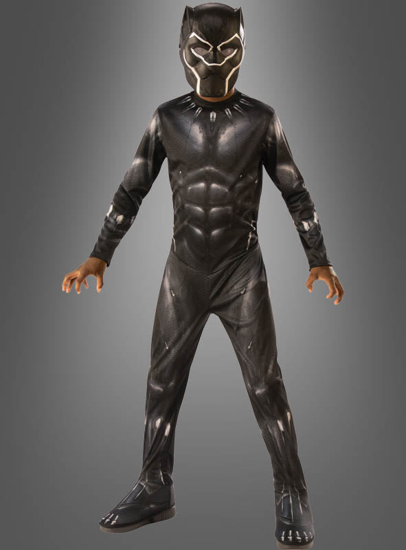 Ein Kind, das das klassische Black-Panther-Kostüm für Kinder trägt – komplett mit Maske –, steht vor einem schlichten grauen Hintergrund. Dieses elegante Marvel-Kostüm greift den ikonischen Look des Superheldenanzugs auf und ist perfekt für junge Fans.