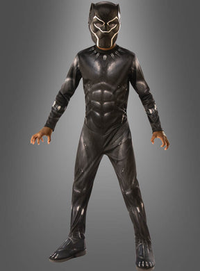 Ein Kind, das das klassische Black-Panther-Kostüm für Kinder trägt – komplett mit Maske –, steht vor einem schlichten grauen Hintergrund. Dieses elegante Marvel-Kostüm greift den ikonischen Look des Superheldenanzugs auf und ist perfekt für junge Fans.