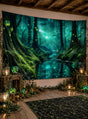 In einem mit grünen Lichtern und Pflanzen geschmückten Raum kommt der „Grüne Fantasy-Wald 150 x 240 cm, waschbarer Stoffhintergrund“ zur Geltung, der eine leuchtende, mystische Waldszene mit Bäumen und einem Bach zeigt. Dieser faszinierende Hintergrund schafft eine bezaubernde Märchen-Party-Dekoration, die durch einen magischen Zauberwald-UV-Effekt noch verstärkt wird.