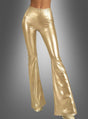 Eine Person, die die „Goldene Schlaghose für Damen Disco“ und dazu passende Schuhe trägt und vor einem grauen Hintergrund mit Farbverlauf steht – ein klassisches Disco-Outfit der 70er Jahre.