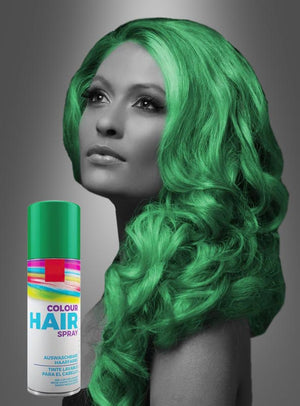 Ein Graustufenporträt einer Frau mit leuchtend grünem Haar sticht besonders hervor und unterstreicht ihr faszinierendes Aussehen. Im Vordergrund steht eine Dose „Farbiges Haarspray für Karneval“ – perfekt, um auffällige, auswaschbare Frisuren zu kreieren, die sich ideal für Karneval und andere festliche Anlässe eignen.