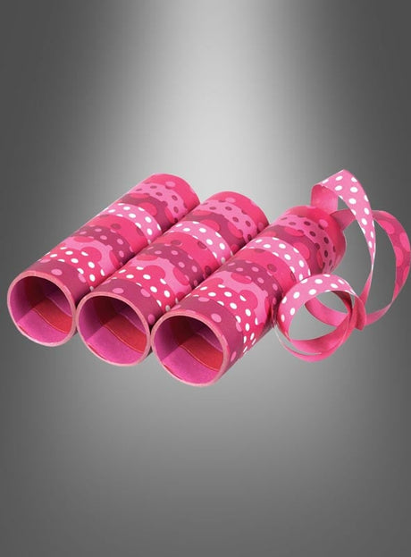 Drei farbenfrohe Luftschlangen aus dem 3er-Pack mit lebhaften Mustern und einem passenden Band sind nebeneinander auf einem grauen Hintergrund mit Farbverlauf angeordnet – ideal, um jede Feier mit einer lebhaften Partydekoration zu verschönern.