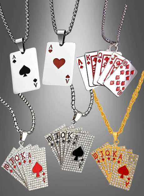 Sechs Halsketten mit Anhängern in Form von Spielkarten – von Assen bis hin zu Royal Flushes – sind wahlweise mit Silber- oder Goldketten erhältlich. Einige Modelle sind mit funkelnden Strasssteinen verziert, was die „Casino Spielkarten Halskette silber oder gold“ zu einem außergewöhnlichen Accessoire für Kostüme oder zu einem auffälligen Schmuckstück im Las-Vegas-Stil macht.