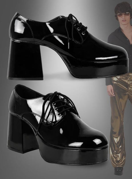 Klar! Hier ist dein überarbeiteter Satz unter Verwendung der angegebenen Produktdaten: Zwei schwarze Plateau-Oxfords für Herren – klassische schwarze Lackleder-Plateau-Oxfords mit klobigen Absätzen, perfekt für alle, die den Vintage-Stil lieben – ziehen in der Szene alle Blicke auf sich; rechts steht eine Person in glänzenden goldenen Hosen und mit Sonnenbrille, die den echten 70er-Jahre-Disco-Look verkörpert.