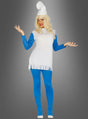 Eine Person in einem blau-weißen, an Zeichentrickfiguren angelehnten Zwergenkostüm für Damen, bestehend aus einem weißen Hut, einer langen blonden Perücke, blauen Leggings und weißen Schuhen, steht vor einem grauen Hintergrund.