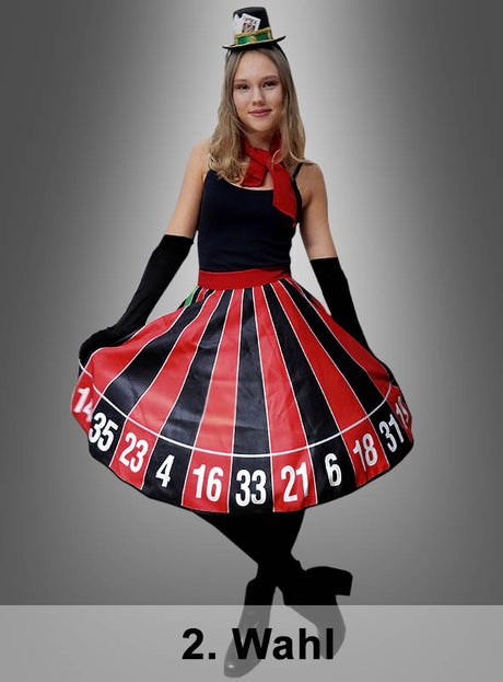 Eine Frau präsentiert den Rock „2. Wahl Tellerrock Roulette Rad“, kombiniert mit einem kleinen Hut, während sie vor einem Hintergrund mit Farbverlauf steht, auf dem unten „2. Wahl“ zu sehen ist.