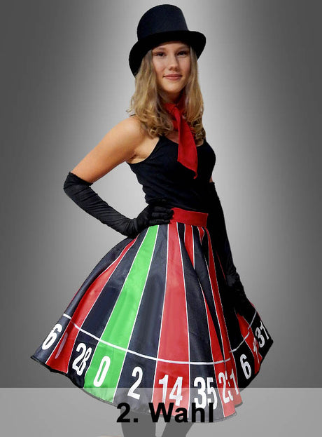 Eine Frau präsentiert den Rock „2. Wahl Tellerrock Roulette Rad“ vor einem grauen Hintergrund, kombiniert mit einem schwarzen Oberteil, einem roten Schal, schwarzen Handschuhen und einer Melone. Unten ist der Schriftzug „2. Wahl“ zu sehen.