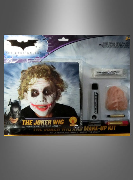 Hier ist eine überarbeitete Version unter Verwendung der von Ihnen bereitgestellten Produktdaten: Das „Deluxe Joker Make-up-Set mit Perücke“ eignet sich ideal für jedes Joker-Kostüm und enthält eine Perücke, Gesichtskleber, einen Make-up-Stift und eine Gesichtsmaske – alles inspiriert vom legendären Joker aus „Batman – The Dark Knight“. Auf der Verpackung ist ein Model mit dem kompletten Joker-Make-up-Look abgebildet.