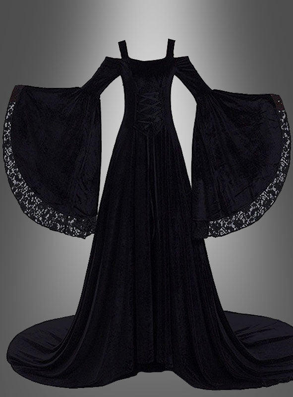 Wandelbares Mittelalterkleid „Gesine“ in Schwarz im langen, schwarzen Gothic-Stil mit weitem Schnitt, spitzenbesetzten Trompetenärmeln und figurbetontem Oberteil vor einem grauen Farbverlaufshintergrund.