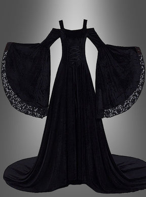 Wandelbares Mittelalterkleid „Gesine“ in Schwarz im langen, schwarzen Gothic-Stil mit weitem Schnitt, spitzenbesetzten Trompetenärmeln und figurbetontem Oberteil vor einem grauen Farbverlaufshintergrund.