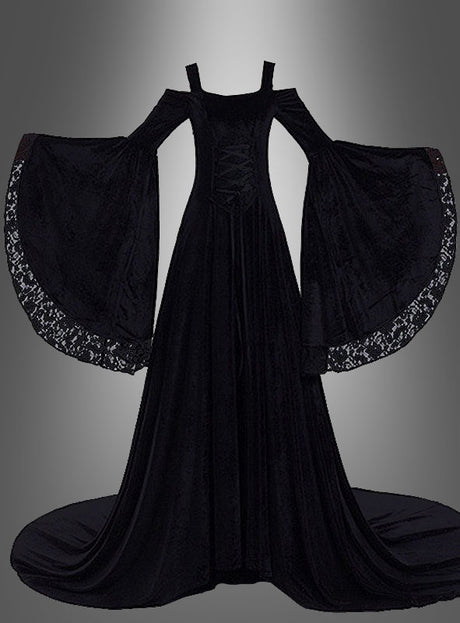 Wandelbares Mittelalterkleid „Gesine“ in Schwarz im langen, schwarzen Gothic-Stil mit weitem Schnitt, spitzenbesetzten Trompetenärmeln und figurbetontem Oberteil vor einem grauen Farbverlaufshintergrund.