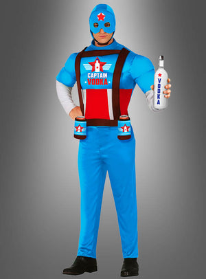 Eine Person, die das „Captain Vodka“-Spaßkostüm trägt – ein blau-rotes Superhelden-Outfit, komplett mit einer Flasche mit der Aufschrift „Vodka“ und einem mit Dosen verzierten Gürtel –, ideal für alle, die auf der Suche nach einem lustigen Herren-Spaßkostüm oder einem unvergesslichen Superhelden-Kostüm sind.