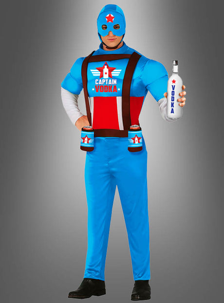 Eine Person, die das „Captain Vodka“-Spaßkostüm trägt – ein blau-rotes Superhelden-Outfit, komplett mit einer Flasche mit der Aufschrift „Vodka“ und einem mit Dosen verzierten Gürtel –, ideal für alle, die auf der Suche nach einem lustigen Herren-Spaßkostüm oder einem unvergesslichen Superhelden-Kostüm sind.