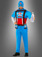 Eine Person, die das „Captain Vodka“-Spaßkostüm trägt – ein blau-rotes Superhelden-Outfit, komplett mit einer Flasche mit der Aufschrift „Vodka“ und einem mit Dosen verzierten Gürtel –, ideal für alle, die auf der Suche nach einem lustigen Herren-Spaßkostüm oder einem unvergesslichen Superhelden-Kostüm sind.