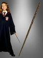 Eine Person in einer schwarzen Robe mit Wappen hält einen kleinen Zauberstab in der Hand, der an die legendären Harry-Potter-Zauberstäbe erinnert; daneben ist der „Hermine Deluxe Zauberstab Harry Potter“ vor einem grauen Hintergrund mit Farbverlauf deutlich zu sehen.