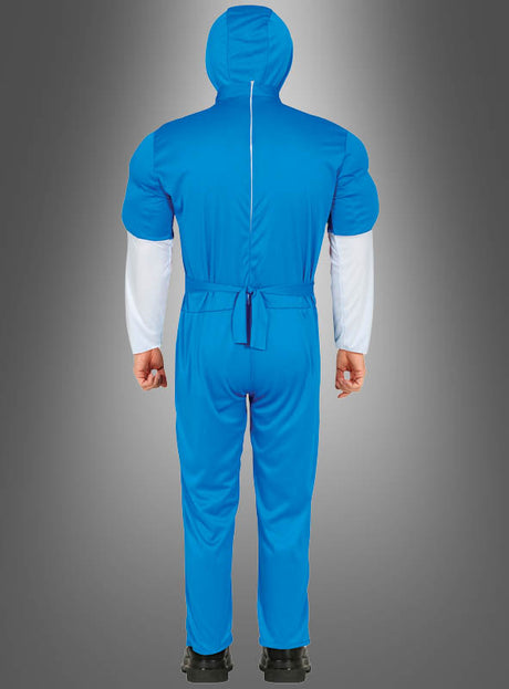 Eine Person steht mit dem Rücken zur Kamera und präsentiert vor einem grauen Hintergrund mit Farbverlauf das „Captain Vodka“-Spaßkostüm – einen blauen Overall mit Kapuze und weißen Ärmeln. Dieses auffällige Outfit ist die ideale Wahl für alle, die auf der Suche nach einem einzigartigen Herren-Spaßkostüm sind oder den Spaß eines „Captain Vodka“-Kostüms auf ihre nächste Kostümparty bringen möchten.