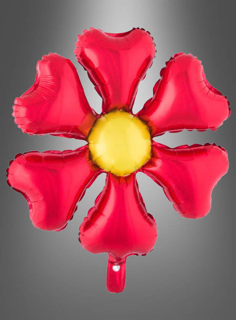 Der Folienballon „Blume“ (55 x 70 cm, verschiedene Farben) ist ein farbenfroher, blumenförmiger Folienballon mit einem kräftigen roten Motiv und einer sonnengelben Mitte auf grauem Hintergrund mit Farbverlauf – ideal als fröhliche Dekoration für eine Gartenparty oder als auffällige Dekoration für eine Hippie-Party.