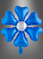 Ein blauer Folienballon „Blume“ (55 x 70 cm, verschiedene Farben) in Form einer sechsblättrigen Blume mit herzförmigen Blütenblättern, die eine weiße Mitte umgeben, vor einem grauen Hintergrund mit Farbverlauf – ideal als fröhlicher Akzent für Ihre Hippie-Party-Dekoration oder Gartenparty-Dekoration.