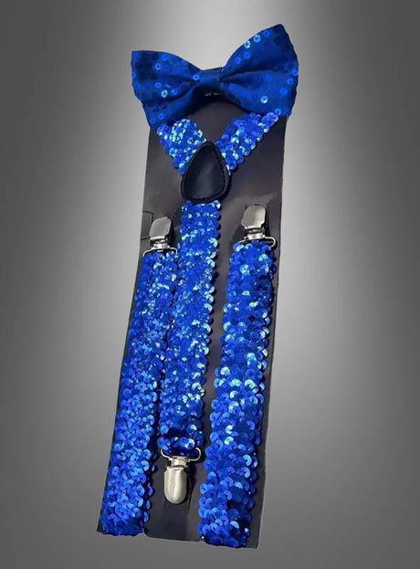 Das Set „Pailletten-Hosenträger mit Fliege“ besteht aus leuchtend blauen Hosenträgern mit Pailletten und silbernen Clips sowie einer dazu passenden blauen Pailletten-Fliege – alles wunderschön in einer schwarzen Verpackung präsentiert – und ist damit das perfekte Kostüm-Accessoire für ausgelassene Karnevalsfeiern.