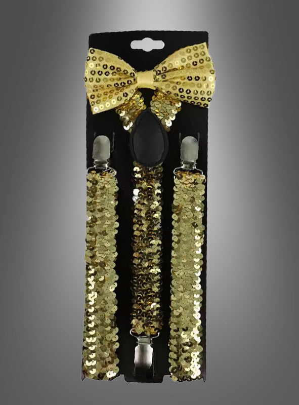 Das Set „Pailletten-Hosenträger mit Fliege“ besteht aus einer goldenen Pailletten-Fliege und passenden Hosenträgern, die vor schwarzem Hintergrund abgebildet sind – damit ist es das perfekte, funkelnde Accessoire für Ihr Karnevalskostüm.