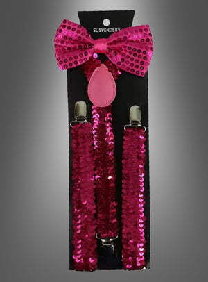 Das Set „Pailletten-Hosenträger mit Fliege“ besteht aus einer funkelnden rosa Pailletten-Fliege und passenden rosa Pailletten-Hosenträgern, präsentiert in einer schwarzen Verpackung vor grauem Hintergrund – ein ideales Kostüm-Accessoire für den Karneval.