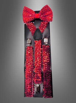 Pailletten-Hosenträger mit Fliege im Set – ein funkelndes Kostüm-Accessoire in Rot aus glitzernden Pailletten, präsentiert auf schwarzer Verpackung vor einem grauen Farbverlauf; perfekt für Karneval und festliche Anlässe.