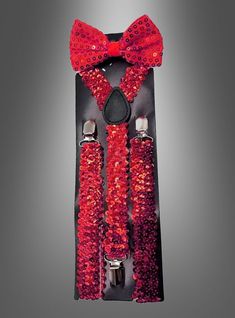 Pailletten-Hosenträger mit Fliege im Set – ein funkelndes Kostüm-Accessoire in Rot aus glitzernden Pailletten, präsentiert auf schwarzer Verpackung vor einem grauen Farbverlauf; perfekt für Karneval und festliche Anlässe.
