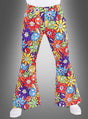 Jemand, der die „Hippie Hose Smile Herren“ trägt – eine Schlaghose mit einem farbenfrohen, von den 1960er Jahren inspirierten Design mit Peace-Zeichen, Blumen und fröhlichen Gesichtern. Diese Schlaghosen eignen sich perfekt für jedes Hippie-Kostüm oder jede Mottoparty und fangen den authentischen Geist dieser Ära ein.