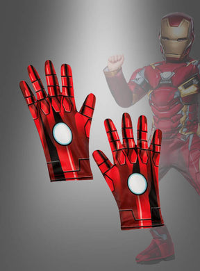 Die „Iron Man“-Handschuhe Deluxe für Kinder in Rot und Gold mit weißen Kreismotiven, inspiriert von Iron Mans legendären Handschuhen, werden vor dem Hintergrund eines verblassten Bildes eines passend kostümierten Kindes mit Helm und erhobener Faust präsentiert – die ideale Ergänzung für jedes Marvel-Kostüm für Kinder.