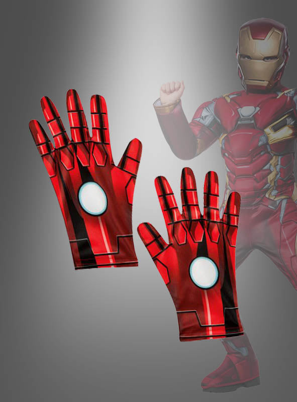 Die „Iron Man“-Handschuhe Deluxe für Kinder in Rot und Gold mit weißen Kreismotiven, inspiriert von Iron Mans legendären Handschuhen, werden vor dem Hintergrund eines verblassten Bildes eines passend kostümierten Kindes mit Helm und erhobener Faust präsentiert – die ideale Ergänzung für jedes Marvel-Kostüm für Kinder.