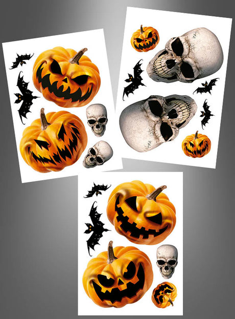 Die drei Bögen der „Halloween Deko“-Fensteraufkleber zeigen Motive zum Thema Halloween wie geschnitzte Kürbisse, Totenköpfe und schwarze Fledermäuse auf einem grau verlaufenden Hintergrund. Diese gruseligen Aufkleber eignen sich perfekt, um Ihren Fenstern in dieser Jahreszeit eine festliche Note zu verleihen.