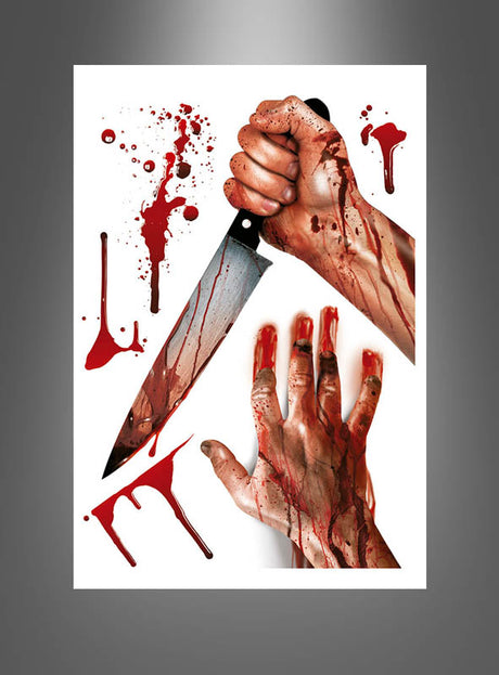 Eine blutbefleckte Hand umklammert ein großes Messer über einer weiteren blutigen Hand, während purpurrote Spritzer über einen weißen Hintergrund tropfen – ein idealer Halloween-Deko-Fensteraufkleber, der Ihrer Fensterdekoration eine gruselige Horror-Clown-Atmosphäre verleiht.