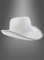 Cowgirl-Hut mit Krone, verziert mit silbernen Pailletten am Rand und einer funkelnden silbernen Paillettenkrone auf der Vorderseite, präsentiert vor einem grauen Hintergrund mit Farbverlauf.