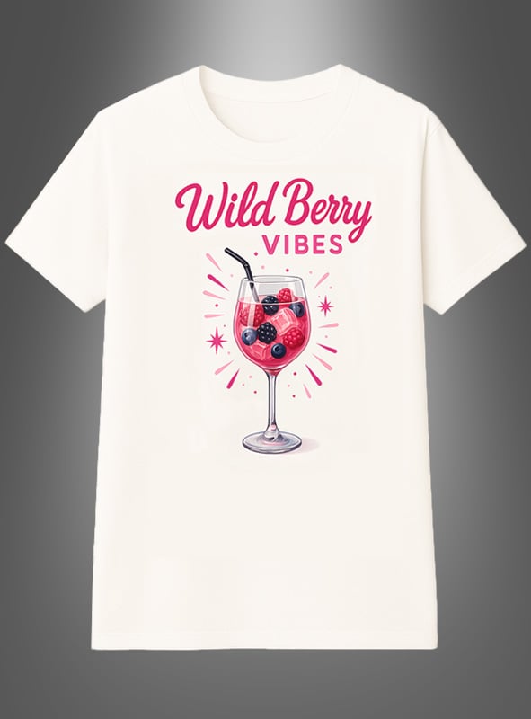 Cocktail-T-Shirt „Wild Berry Vibes“ für Damen mit dem Schriftzug „Wild Berry Vibes“ und einer Illustration eines mit Beeren und einem Strohhalm gefüllten Weinglases – die perfekte Hommage an den erfrischenden Lillet Wild Berry Cocktail.