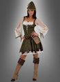 Vor einem grauen Hintergrund steht eine Frau, die das Robin-Hood-Kostüm für Damen in Grün und Braun trägt, dazu hellbraune Stiefel und einen passenden Hut sowie eine kleine Tasche an der Hüfte.