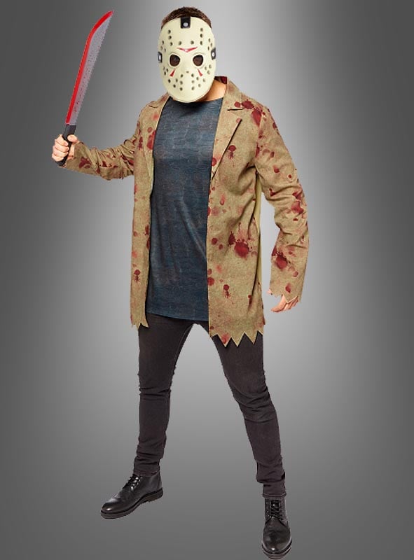 Eine Person mit einer Eishockeymaske, einer blutverschmierten Machete in der Hand und gekleidet in eine zerfetzte, blutbefleckte Jacke sowie eine schwarze Hose steht vor einem grauen Hintergrund – dieses „Jason Freitag, der 13.“-Kostüm für Herren ist die perfekte Wahl für jeden Anlass, bei dem ein Horrorfilm-Kostüm gefragt ist.