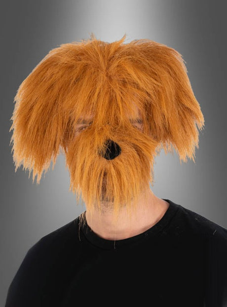 Eine Person, die die „Witzige Hundemaske Schnauze mit Ohren“ trägt – eine große, pelzige, orangefarbene Maske, die Gesicht und Kopf vollständig bedeckt –, steht vor einem grauen Hintergrund mit Farbverlauf – perfekt für jede Faschingsparty oder jede Kostümveranstaltung.