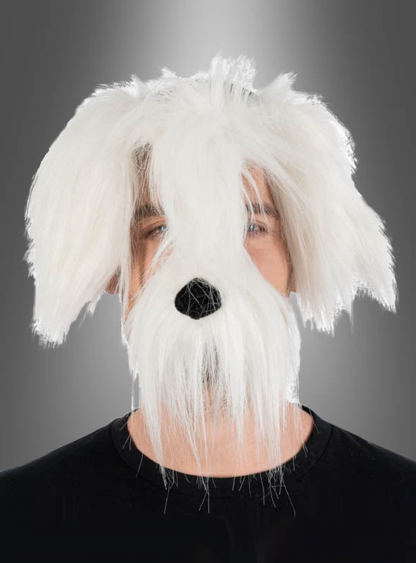 Eine Person, die die „Witzige Hundemaske Schnauze mit Ohren“ trägt – eine flauschige weiße Hundemaske mit langem Fell, die das Gesicht bedeckt, sodass nur die Augen teilweise zu sehen sind –, steht vor einem grauen Hintergrund mit Farbverlauf.