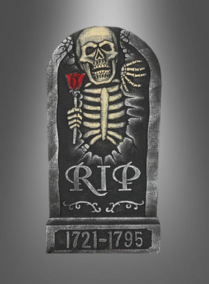 Die Halloween-Dekoration „Gothic Grabstein“ zeigt ein Skelett, das eine rote Rose in der Hand hält; am Sockel sind die Aufschrift „RIP“ und die Jahreszahlen 1721–1795 eingraviert.