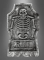 Der „Gothic Grabstein Deko Halloween“ ist ein grauer Grabstein, der mit einem Skelett-Relief verziert ist und darunter die eingravierten Buchstaben „RIP“ trägt.