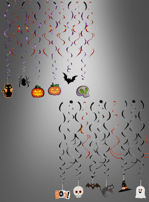 Das 12er-Pack „Halloween-Girlande Swirl Metallic“ enthält hängende Schleifendekorationen mit metallisch glänzenden Ausschnitten in Form einer Katze, einer Spinne, von Kürbissen, einer Fledermaus, eines Totenkopfs, eines „BOO!“-Schilds und eines Geistes vor grauem Hintergrund – ideal, um Ihrer Feier eine gruselige Halloween-Dekoration zu verleihen.