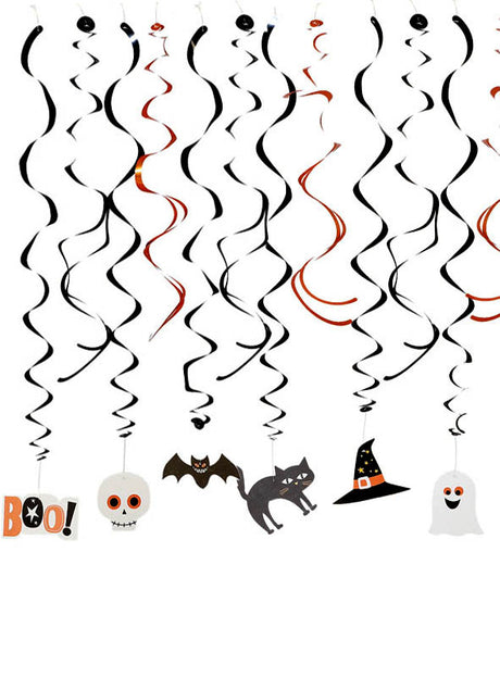 Das 12er-Pack „Halloween-Girlande Swirl Metallic“ enthält schwarze und orangefarbene spiralförmige Luftschlangen mit lustigen Ausschnitten zum Thema Halloween – darunter „Boo!“, Totenkopf, Fledermaus, Katze, Hexenhut und Geist – und ist damit die perfekte Halloween-Dekoration. Jede der einzigartigen Spiralen hebt sich verspielt vom weißen Hintergrund ab.